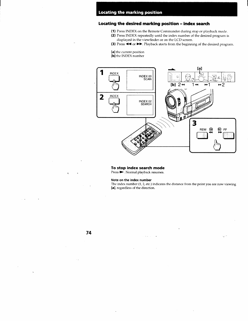 To stop index search mode, Note on the index number, Locating the marking position | Sony CCD-TRV95 User Manual | Page 77 / 110