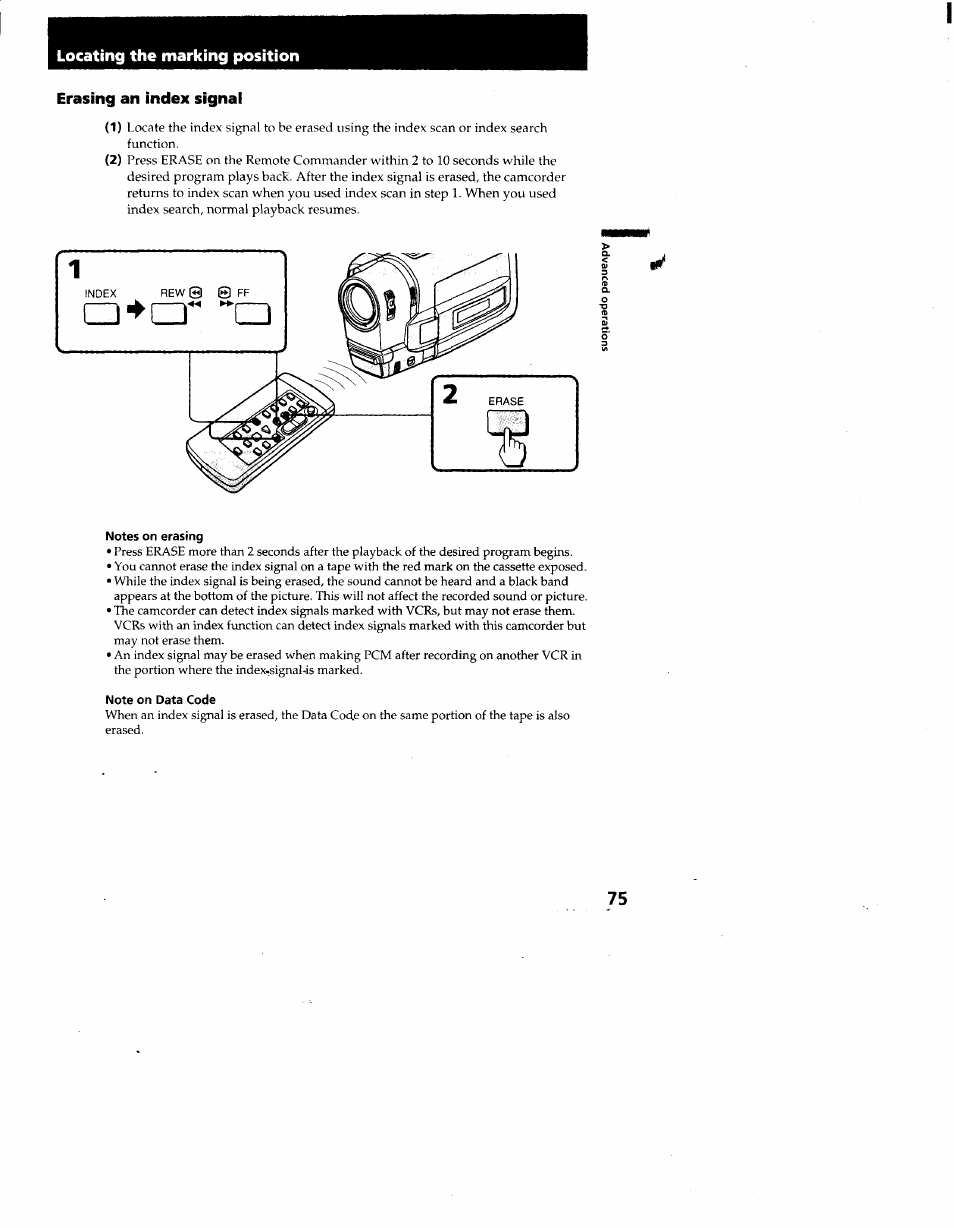 Erasing an index signal, Notes on erasing, Note on data code | Locating the marking position | Sony CCD-TRV95 User Manual | Page 78 / 110