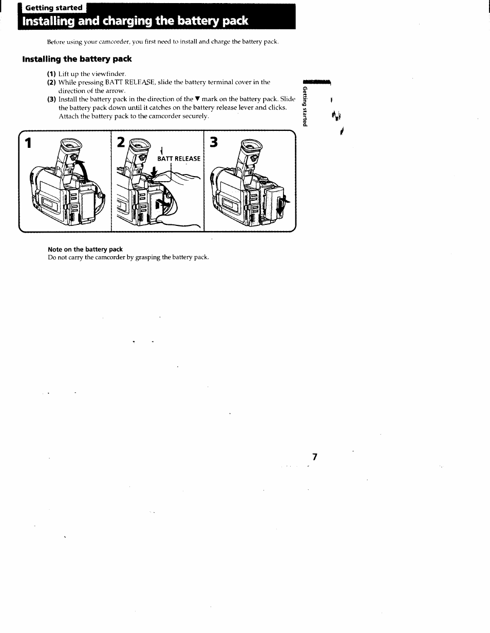 Getting started, Installing and charging the battery pack, Installing the battery pack | Note on the battery pack | Sony CCD-TRV95 User Manual | Page 8 / 110