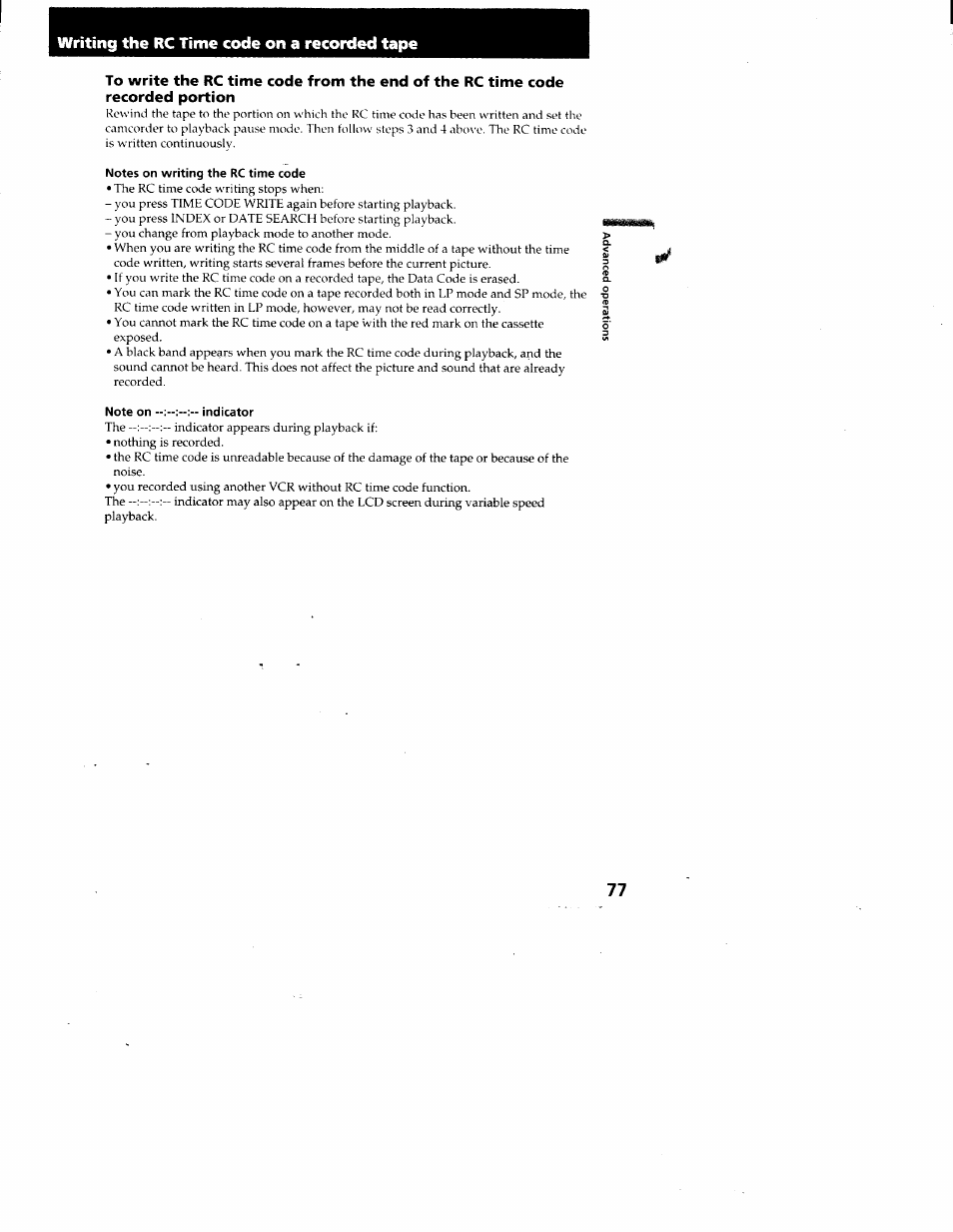 Writing the rc time code on a recorded tape, Notes on writing the rc time code, Note on indicator | Sony CCD-TRV95 User Manual | Page 80 / 110