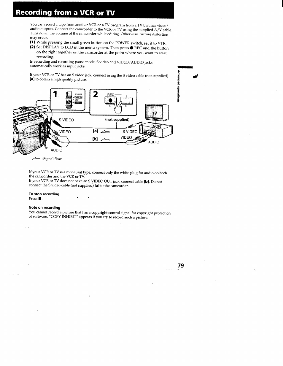 Recording from a vcr or tv, Not supplied), To stop recording | Note on recording | Sony CCD-TRV95 User Manual | Page 82 / 110
