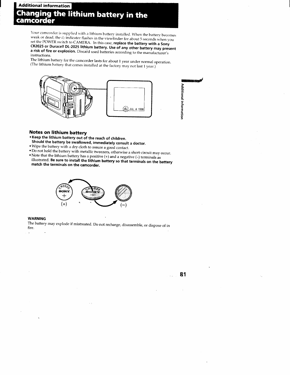 Additional information, Changing the lithium battery in the camcorder, Notes on lithium battery | Warning | Sony CCD-TRV95 User Manual | Page 84 / 110