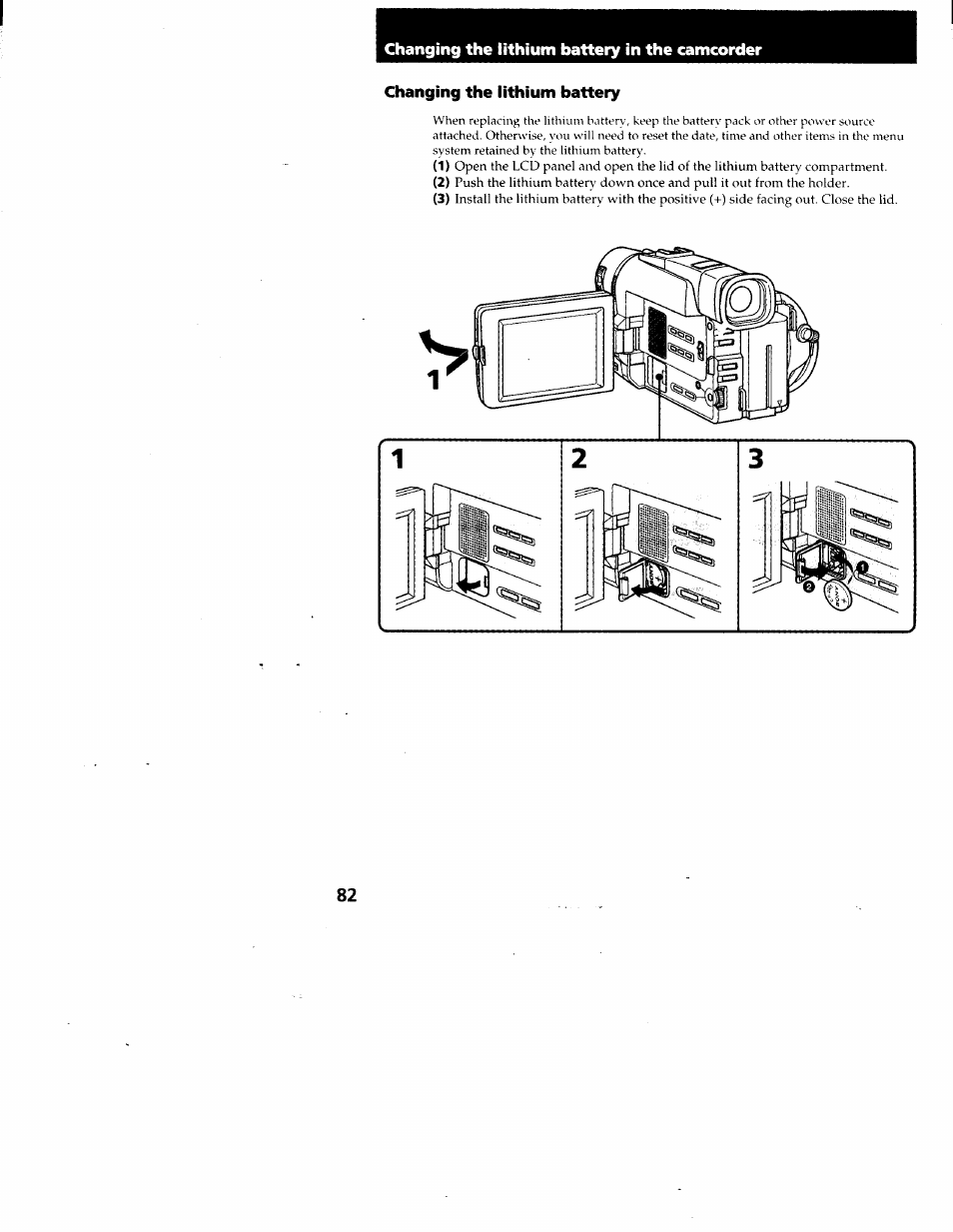 Changing the lithium battery, Changing the lithium battery in the camcorder | Sony CCD-TRV95 User Manual | Page 85 / 110