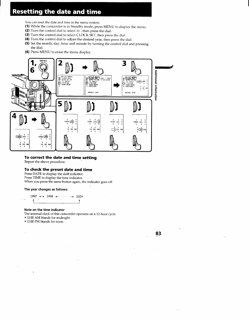Resetting the date and time, To correct the date and time setting, To check the preset date and time | The year changes as follows, Note on the time indicator | Sony CCD-TRV95 User Manual | Page 86 / 110