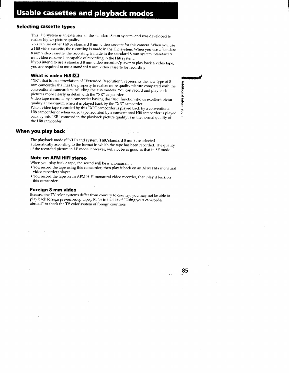 Usable cassettes and playback modes, Selecting cassette types, What is video hi8 03 | When you play back, Note on afm hifi stereo, Foreign 8 mm video | Sony CCD-TRV95 User Manual | Page 88 / 110