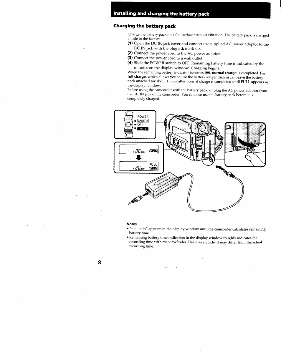 Charging the battery pack, Notes, Installing and charging the battery pack | Sony CCD-TRV95 User Manual | Page 9 / 110
