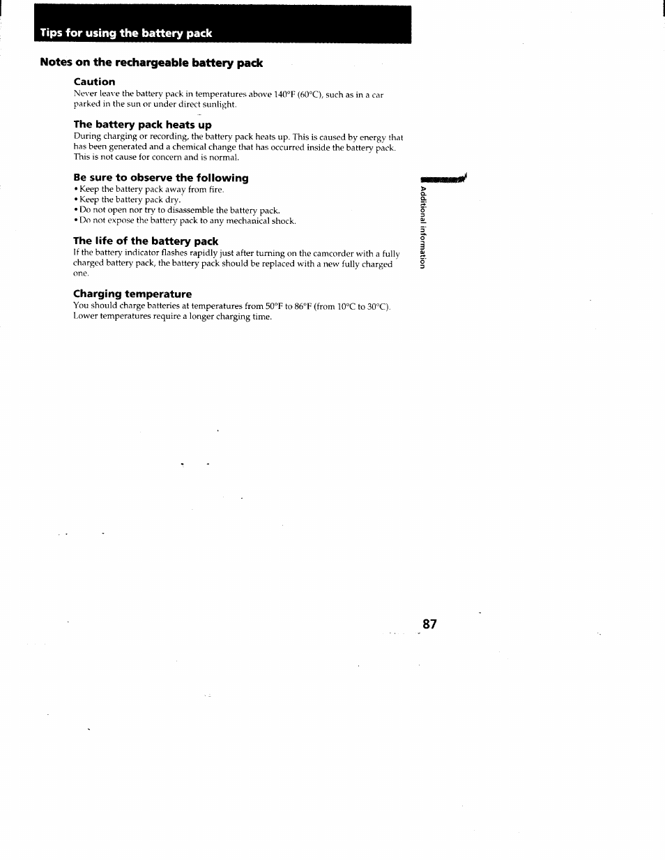 Notes on the rechargeable battery pack, Caution, The battery pack heats up | Be sure to observe the following, The life of the battery pack, Charging temperature | Sony CCD-TRV95 User Manual | Page 90 / 110