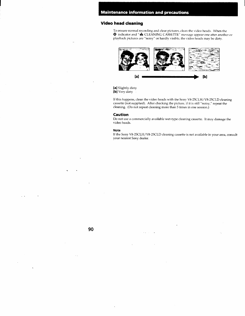 Video head cleaning, Caution, Note | Maintenance information and precautions | Sony CCD-TRV95 User Manual | Page 93 / 110