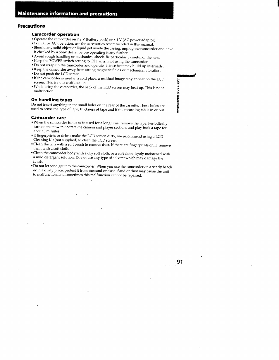 Precautions, Camcorder operation, On handling tapes | Camcorder care, Maintenance information and precautions | Sony CCD-TRV95 User Manual | Page 94 / 110