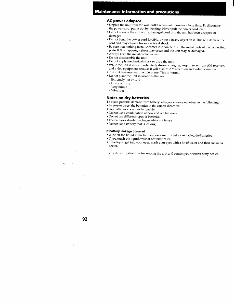 Ac power adaptor, Notes on dry batteries, If battery leakage occurred | Maintenance information and precautions | Sony CCD-TRV95 User Manual | Page 95 / 110