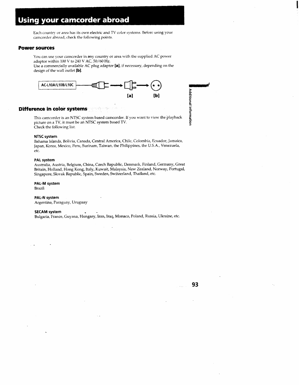 Using your camcorder abroad, Power sources, Ac-l10a/l10b/l10c | Difference in color systems, Ntsc system, Pal system, Pal-m system, Pal-n system | Sony CCD-TRV95 User Manual | Page 96 / 110