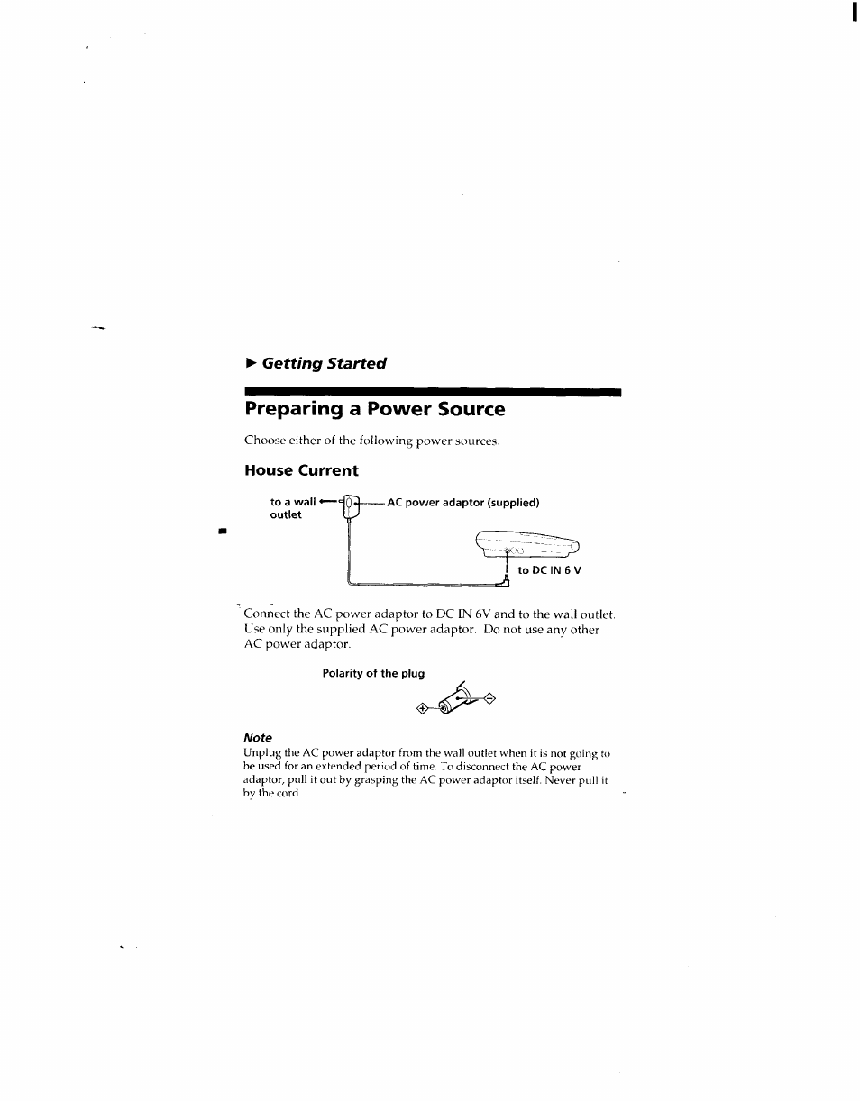 House current, Polarity of the plug, Preparing a power source | Sony TCM-929 User Manual | Page 2 / 10