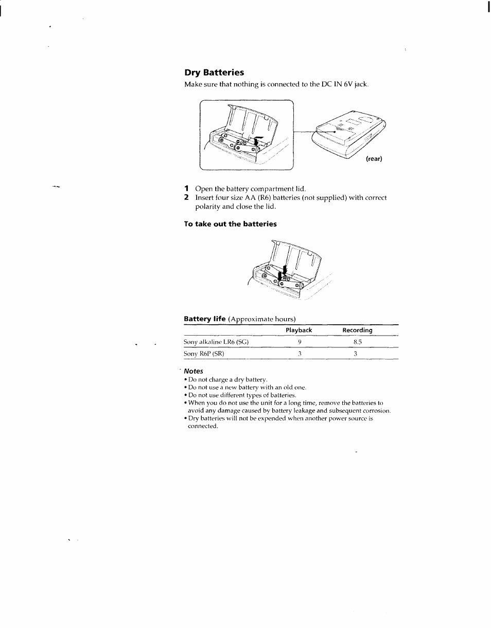 Dry batteries, To take out the batteries | Sony TCM-929 User Manual | Page 3 / 10