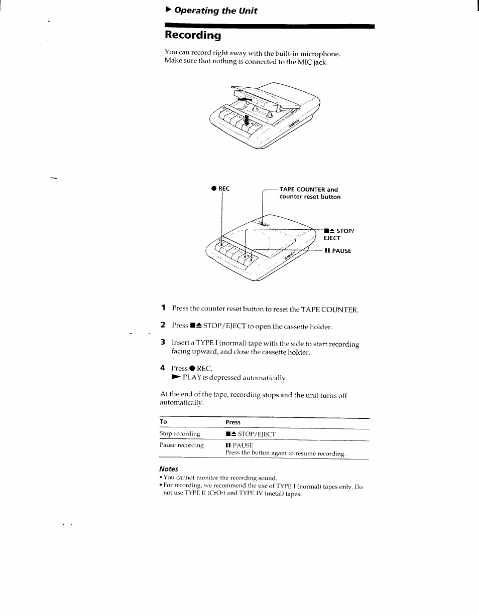 Recording | Sony TCM-929 User Manual | Page 4 / 10