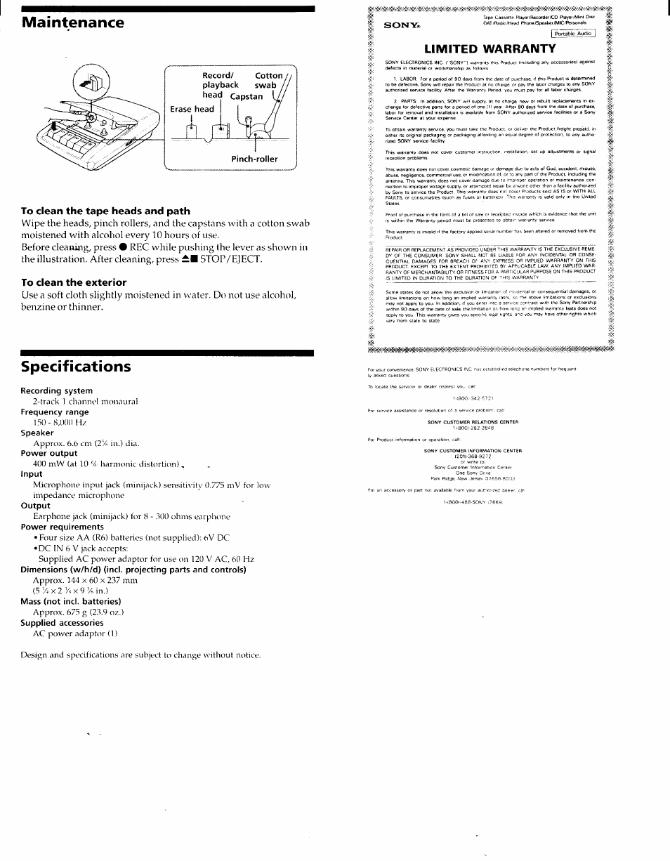 To clean the tape heads and path, To clean the exterior, Limited warranty | Maintenance, Specifications | Sony TCM-929 User Manual | Page 9 / 10