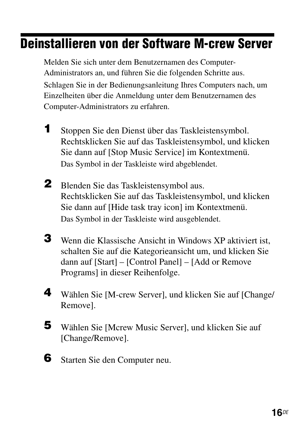 Deinstallieren von der software m-crew server | Sony NAS-CZ1 User Manual | Page 87 / 264