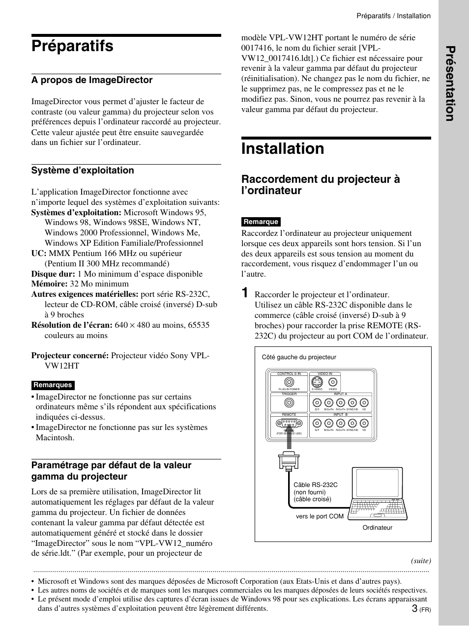 Préparatifs, Installation, Présentation | Raccordement du projecteur à l’ordinateur, A propos de imagedirector, Système d’exploitation | Sony VPL-VW12HT User Manual | Page 13 / 58