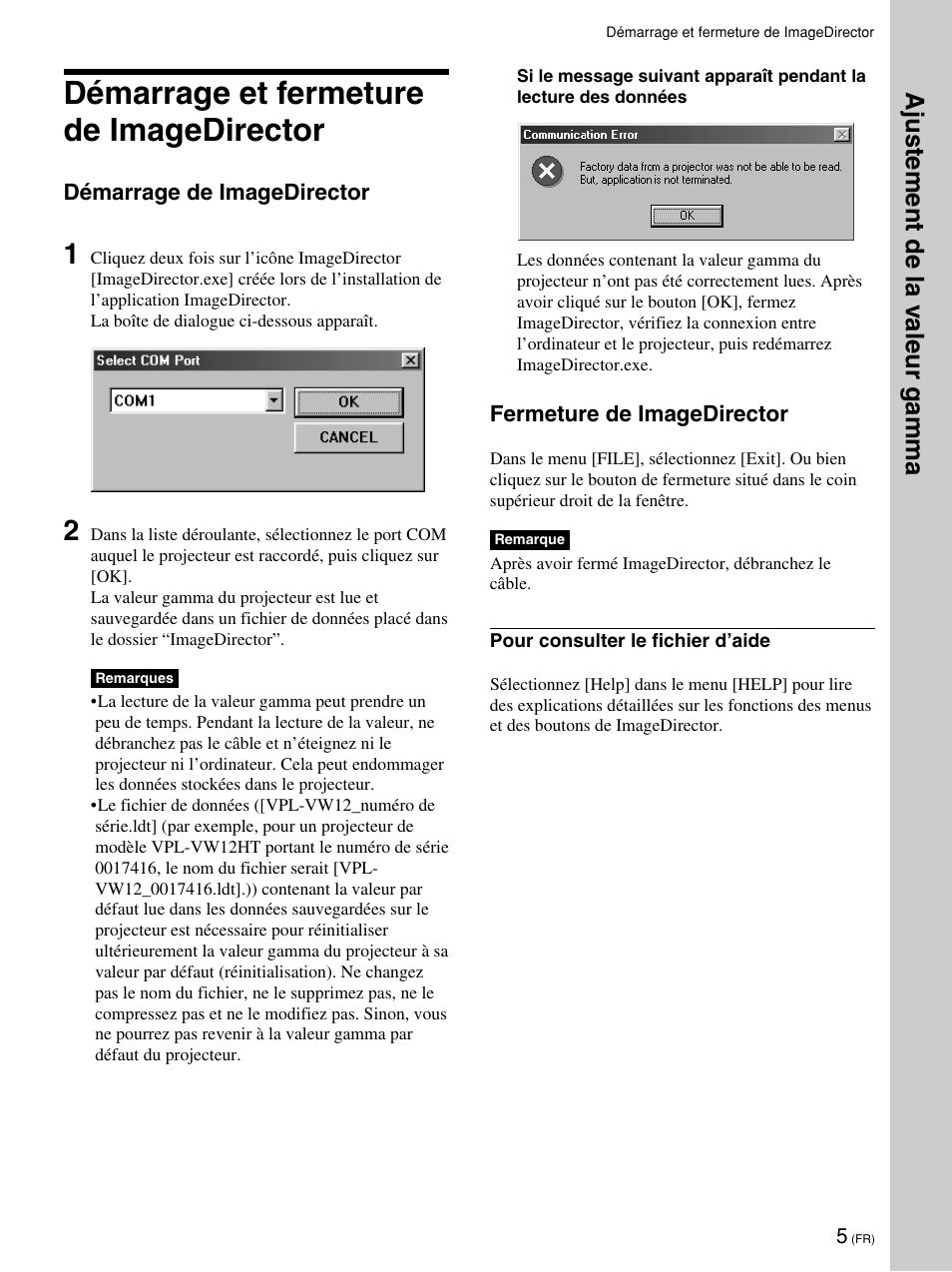 Démarrage et fermeture de imagedirector, Ajustement de la v aleur gamma | Sony VPL-VW12HT User Manual | Page 15 / 58