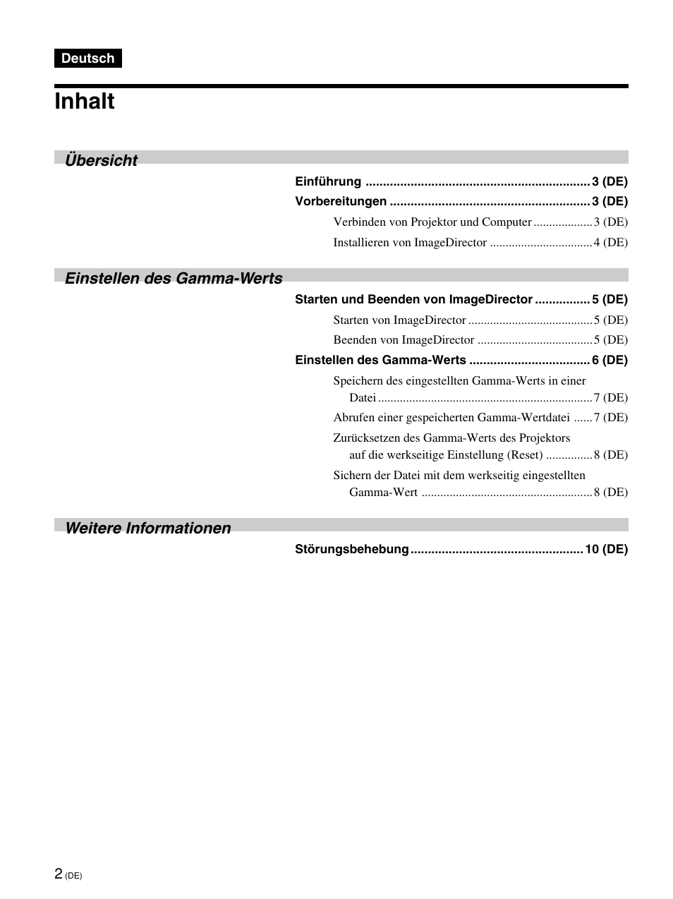 Inhalt, Übersicht, Einstellen des gamma-werts | Weitere informationen | Sony VPL-VW12HT User Manual | Page 21 / 58