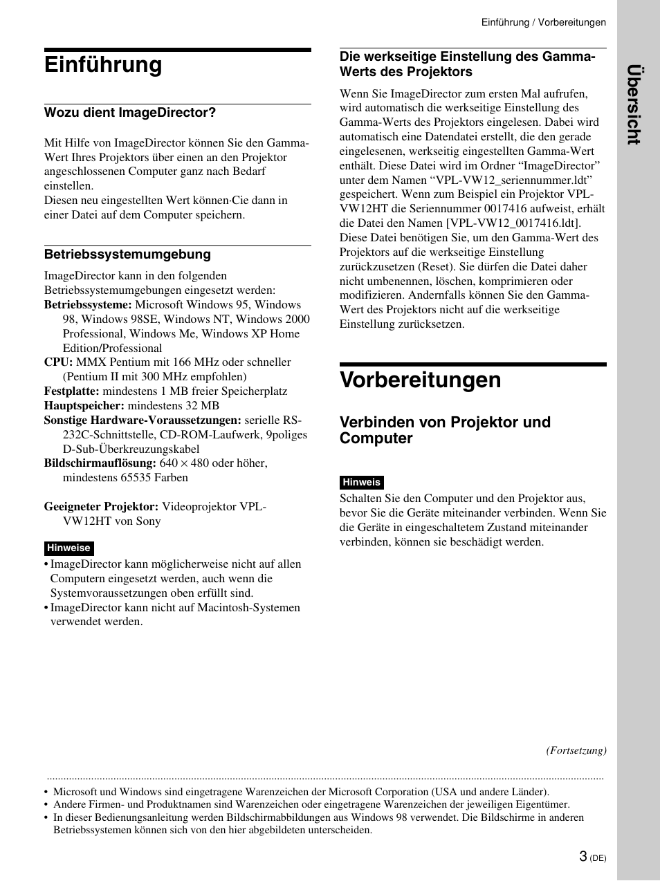 Einführung, Vorbereitungen, Über sic ht | Verbinden von projektor und computer | Sony VPL-VW12HT User Manual | Page 22 / 58