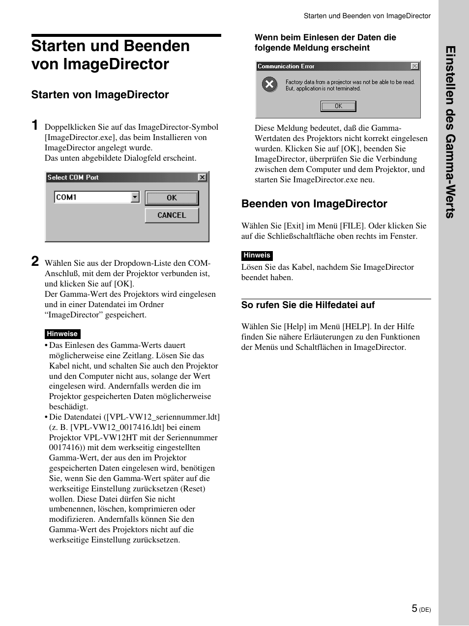 Starten und beenden von imagedirector, Einstellen des gamma-w er ts | Sony VPL-VW12HT User Manual | Page 24 / 58