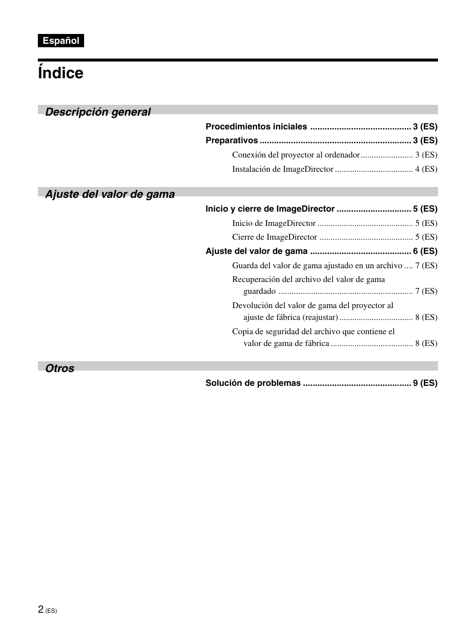 Índice, Descripción general, Ajuste del valor de gama | Otros | Sony VPL-VW12HT User Manual | Page 32 / 58