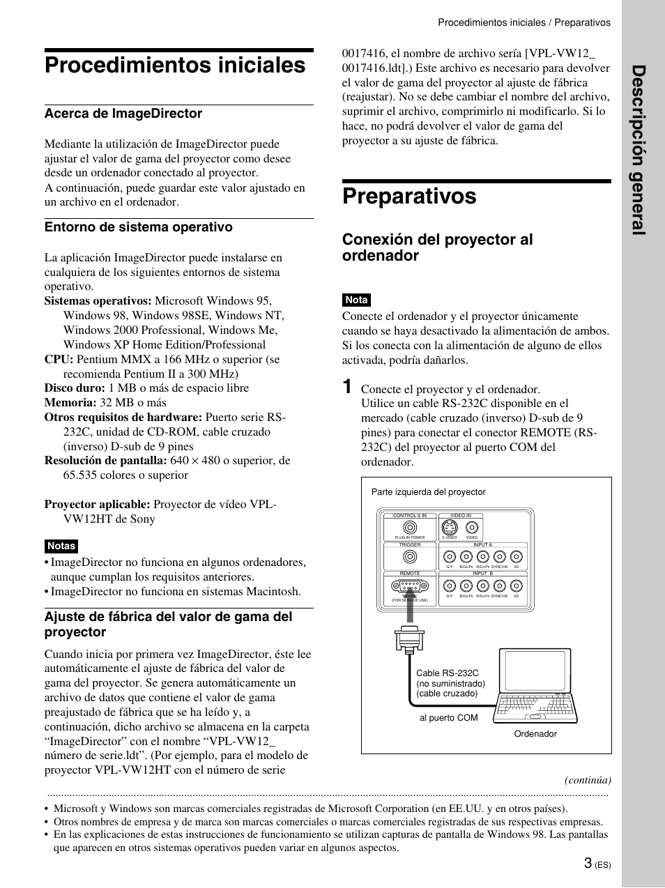 Procedimientos iniciales, Preparativos, Descripción g eneral | Conexión del proyector al ordenador, Acerca de imagedirector, Entorno de sistema operativo, Ajuste de fábrica del valor de gama del proyector | Sony VPL-VW12HT User Manual | Page 33 / 58