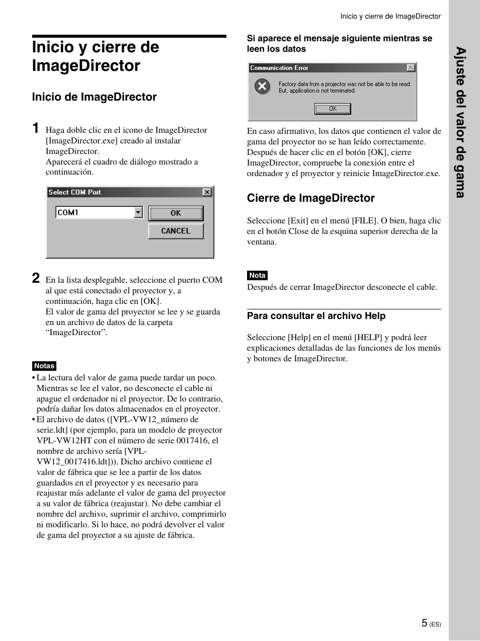 Inicio y cierre de imagedirector, Ajuste del v alor de gama | Sony VPL-VW12HT User Manual | Page 35 / 58