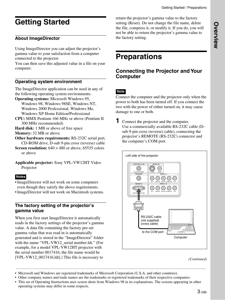 Getting started, Preparations, Over vie w | Connecting the projector and your computer, About imagedirector, Operating system environment, The factory setting of the projector’s gamma value | Sony VPL-VW12HT User Manual | Page 4 / 58