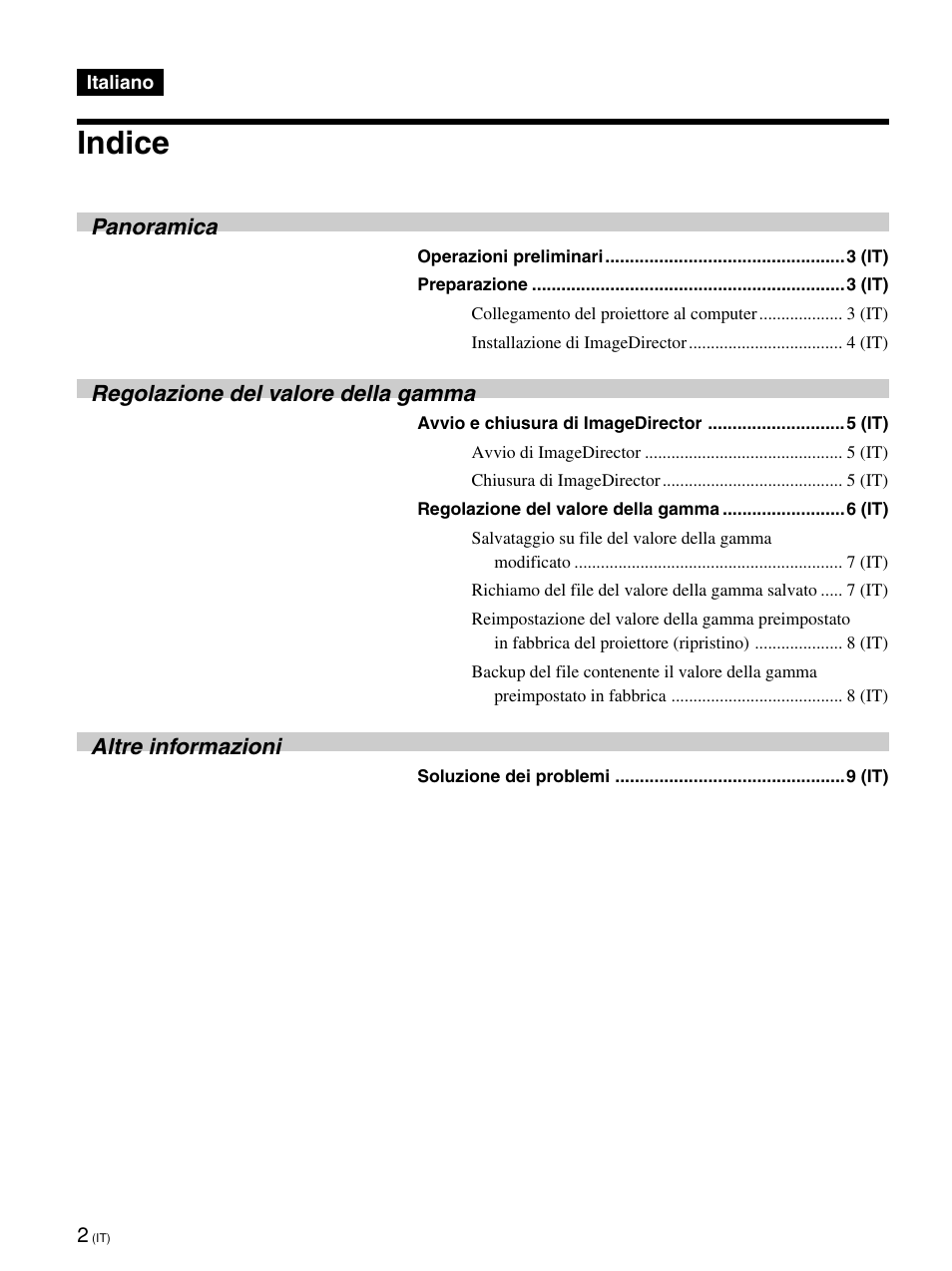 Indice, Panoramica, Regolazione del valore della gamma | Altre informazioni | Sony VPL-VW12HT User Manual | Page 41 / 58