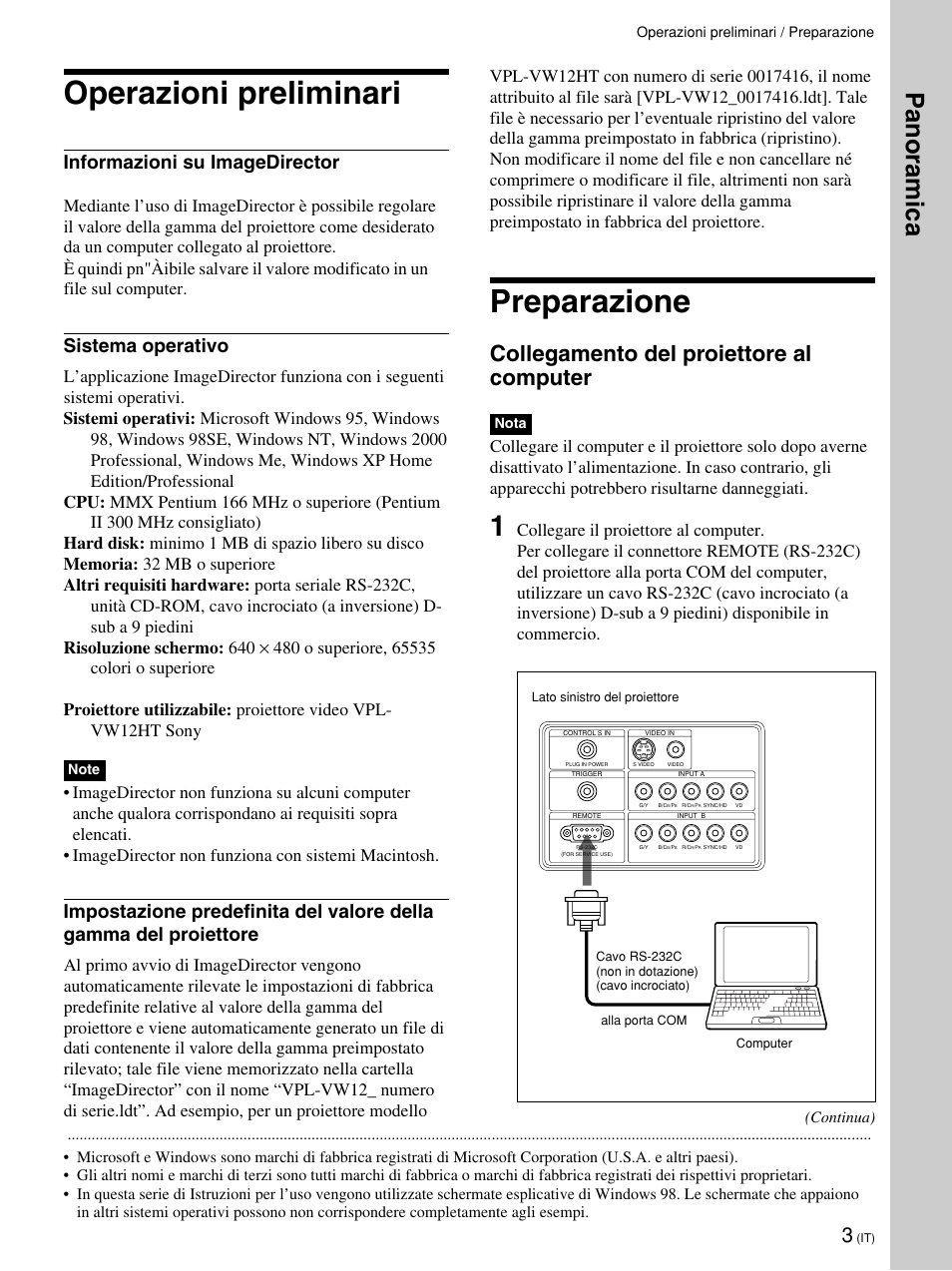 Operazioni preliminari, Preparazione, Panoramica | Collegamento del proiettore al computer, Informazioni su imagedirector, Sistema operativo | Sony VPL-VW12HT User Manual | Page 42 / 58