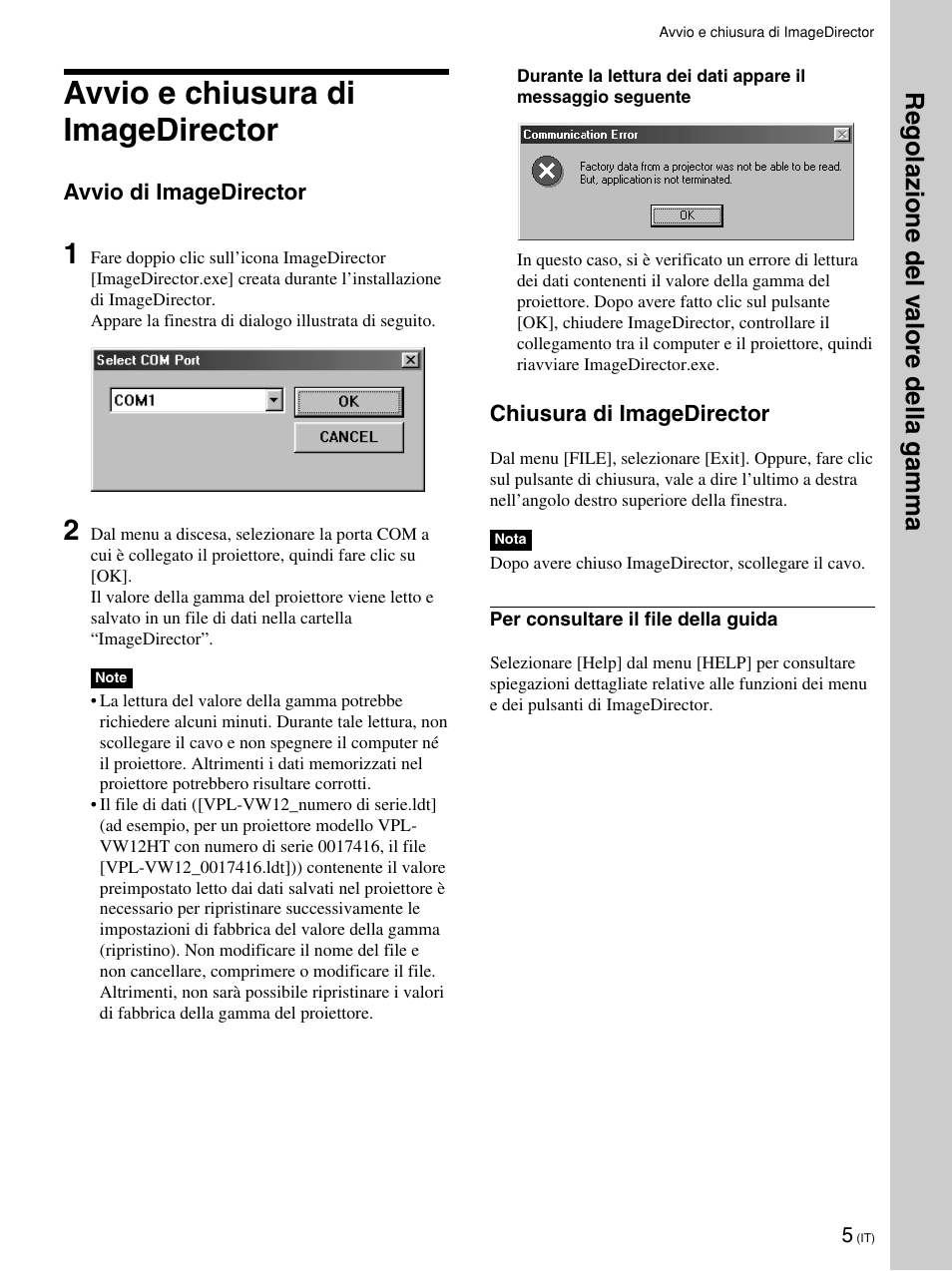 Avvio e chiusura di imagedirector, Regolazione del v alore della gamma | Sony VPL-VW12HT User Manual | Page 44 / 58