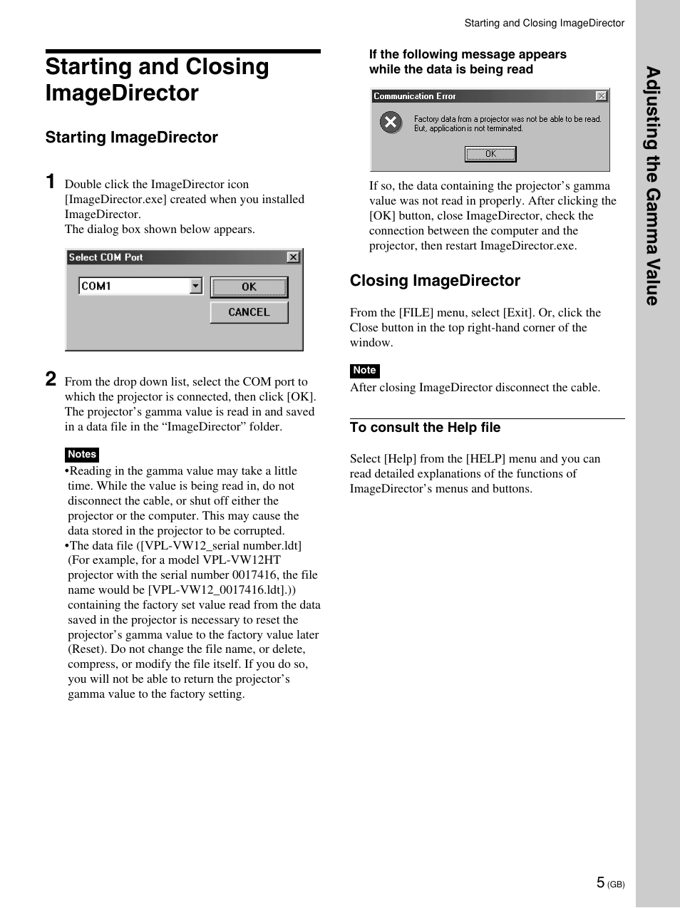 Starting and closing imagedirector, Adjusting the gamma v alue | Sony VPL-VW12HT User Manual | Page 6 / 58