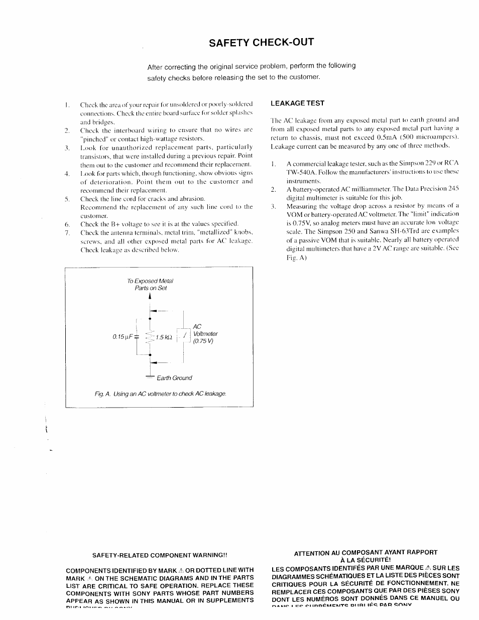 Leakagetest, Safety-related component warning, Attention au composant ayant rapport à la sécurité | Safety check-out | Sony SLV-789HF User Manual | Page 3 / 31