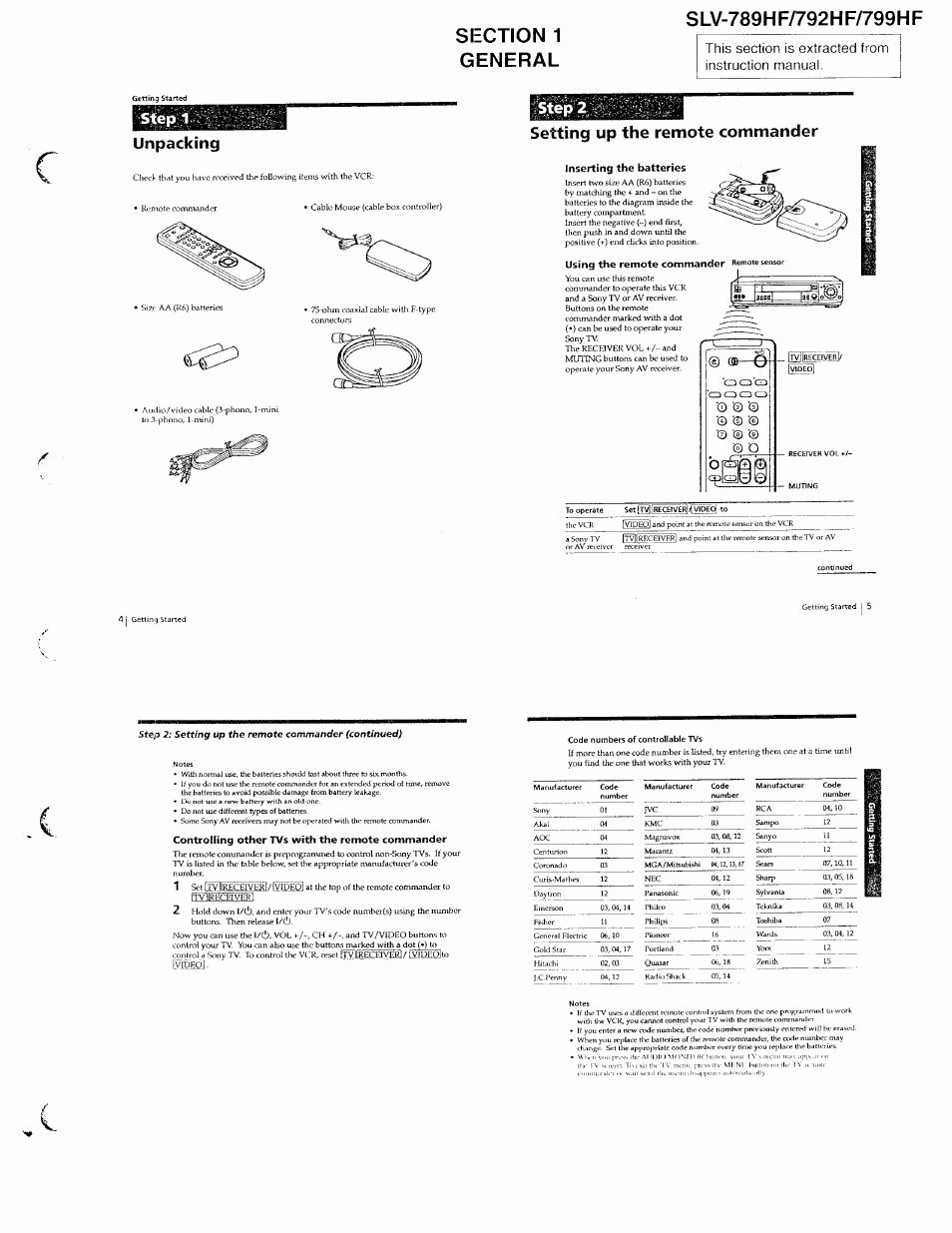 Step 1, Unpacking, Step 2 | Setting up the remote commander, Step 1 unpacking, Step 2 setting up the remote commander | Sony SLV-789HF User Manual | Page 5 / 31