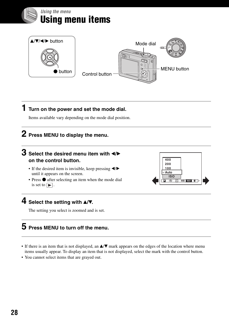 Using the menu, Using menu items | Sony DSC-W5 User Manual | Page 28 / 99