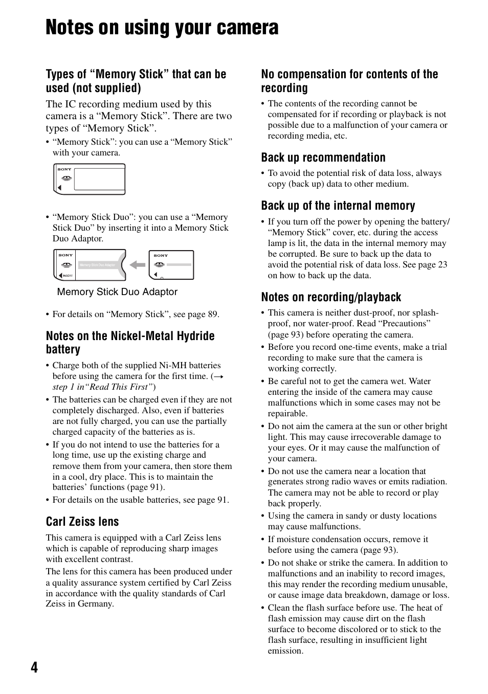 Notes on using your camera, Carl zeiss lens, No compensation for contents of the recording | Back up recommendation | Sony DSC-W5 User Manual | Page 4 / 99