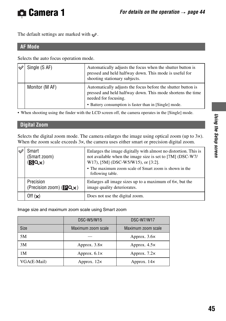 Camera 1 | Sony DSC-W5 User Manual | Page 45 / 99