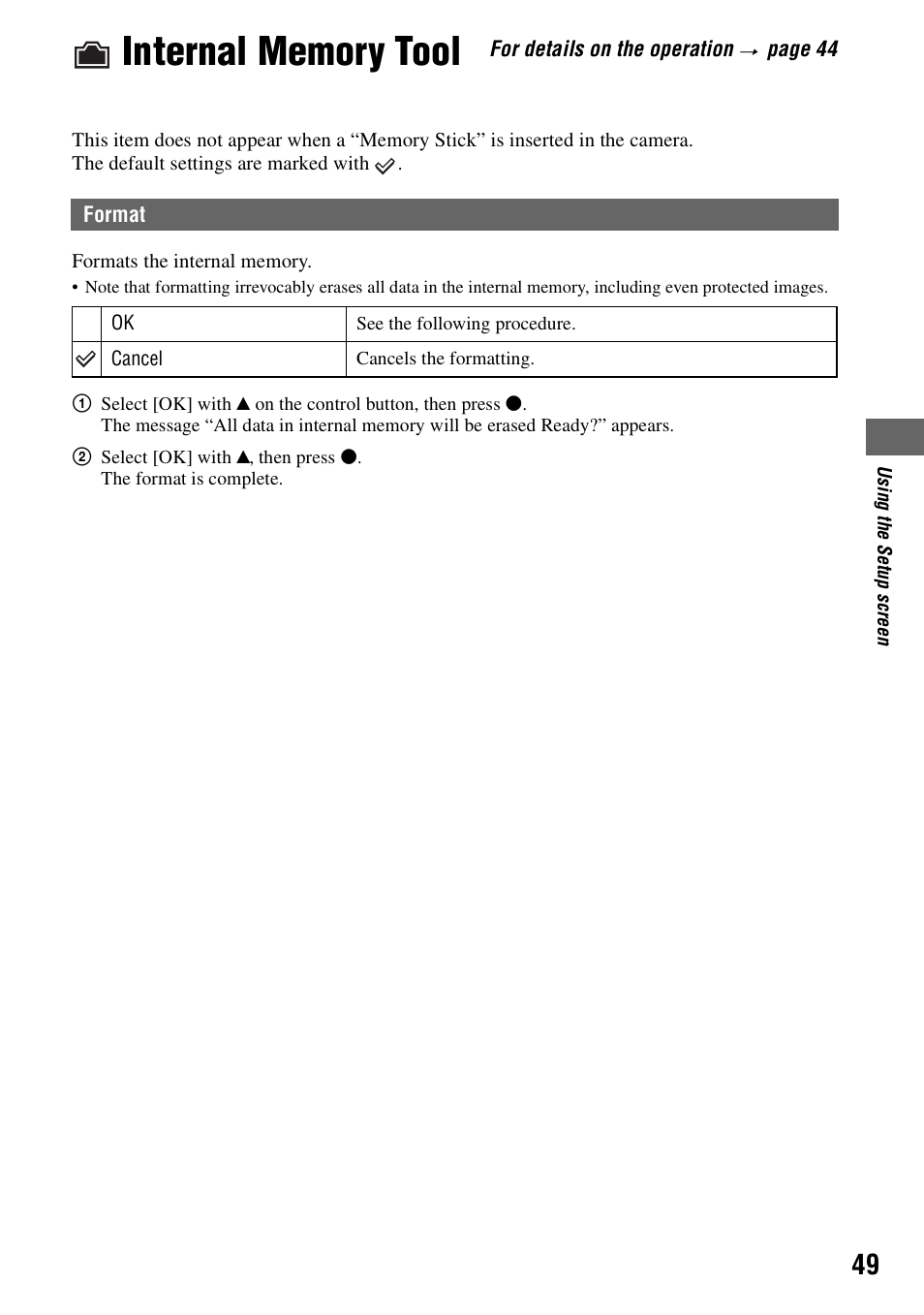 Internal memory tool, Format | Sony DSC-W5 User Manual | Page 49 / 99