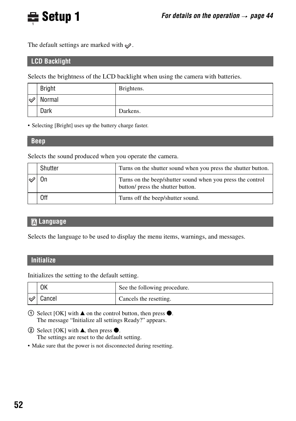 Setup 1, Initialize | Sony DSC-W5 User Manual | Page 52 / 99