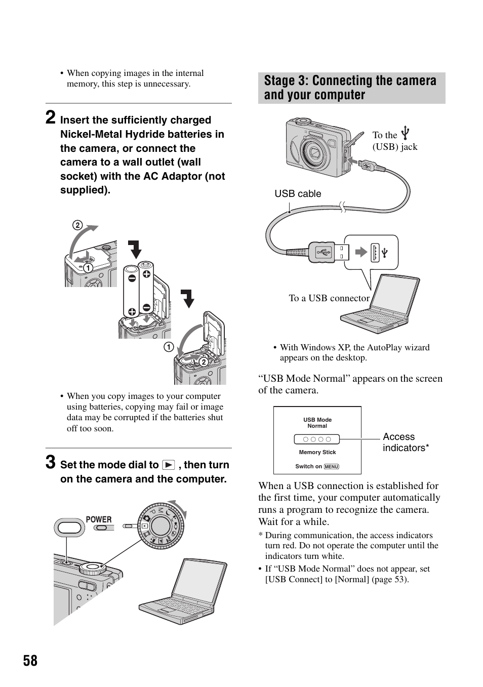 Ck (58), Stage 3: connecting the camera and your computer | Sony DSC-W5 User Manual | Page 58 / 99