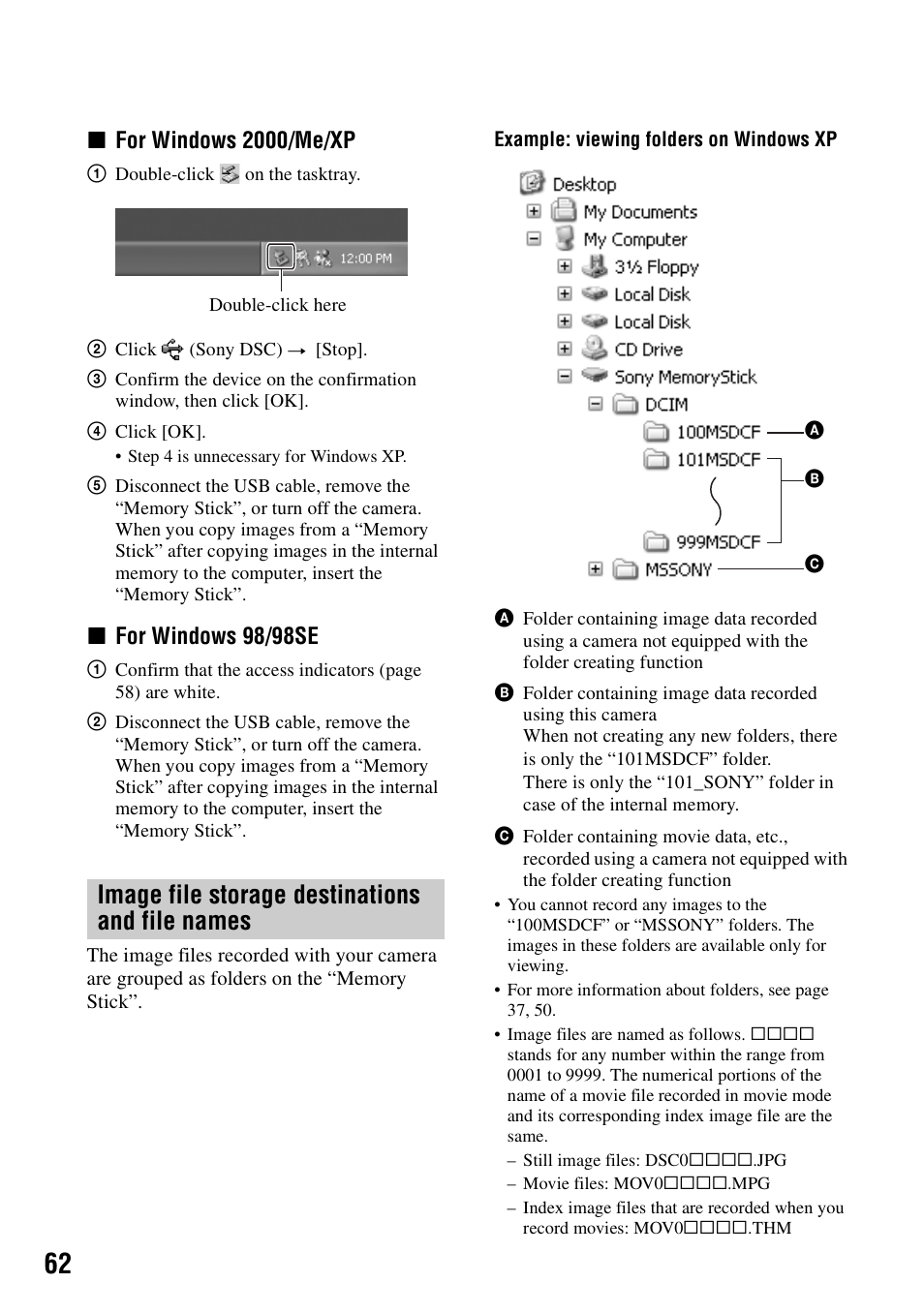 Image file storage destinations and file names, Xfor windows 2000/me/xp, Xfor windows 98/98se | Sony DSC-W5 User Manual | Page 62 / 99