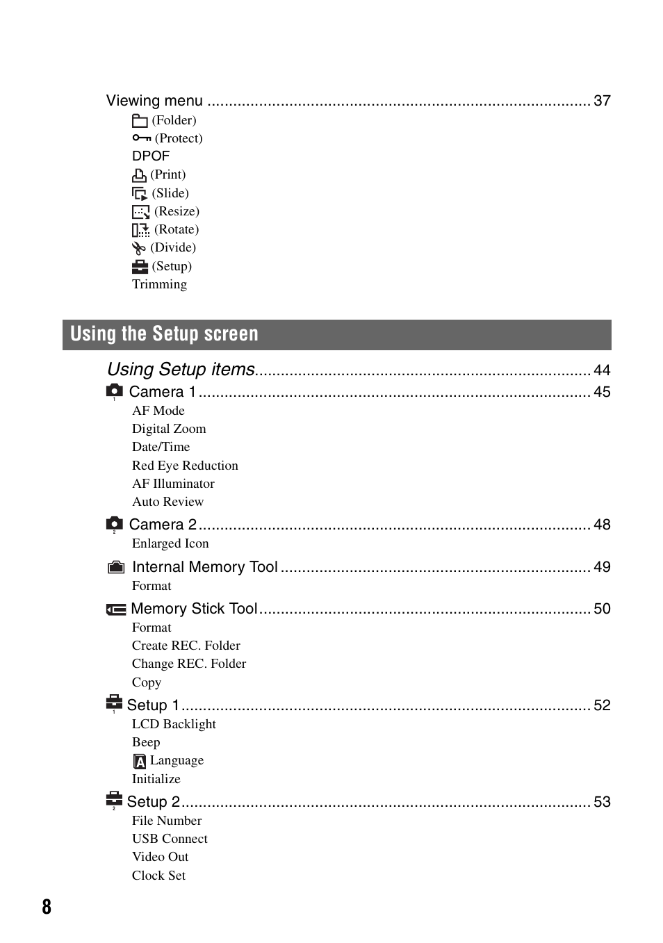 Using the setup screen, Using setup items | Sony DSC-W5 User Manual | Page 8 / 99