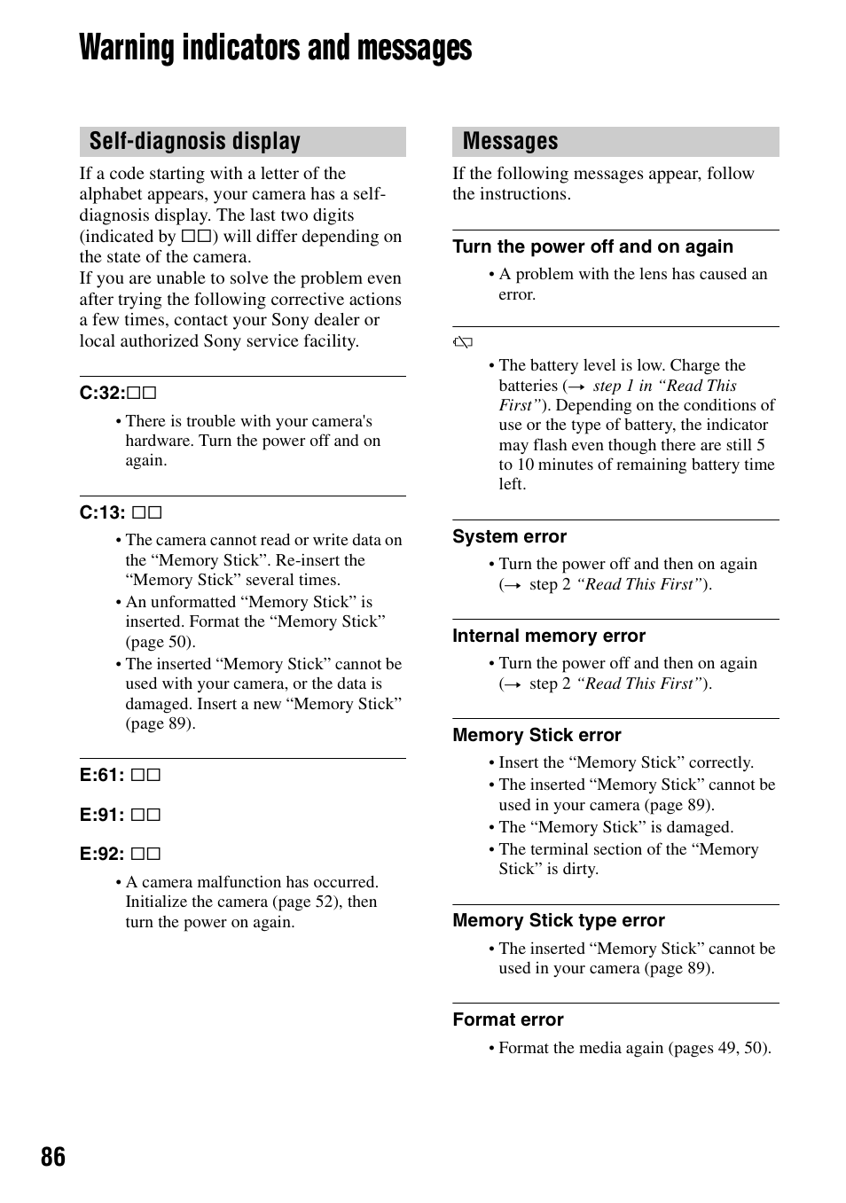 Warning indicators and messages, Y (86), Self-diagnosis display messages | Sony DSC-W5 User Manual | Page 86 / 99