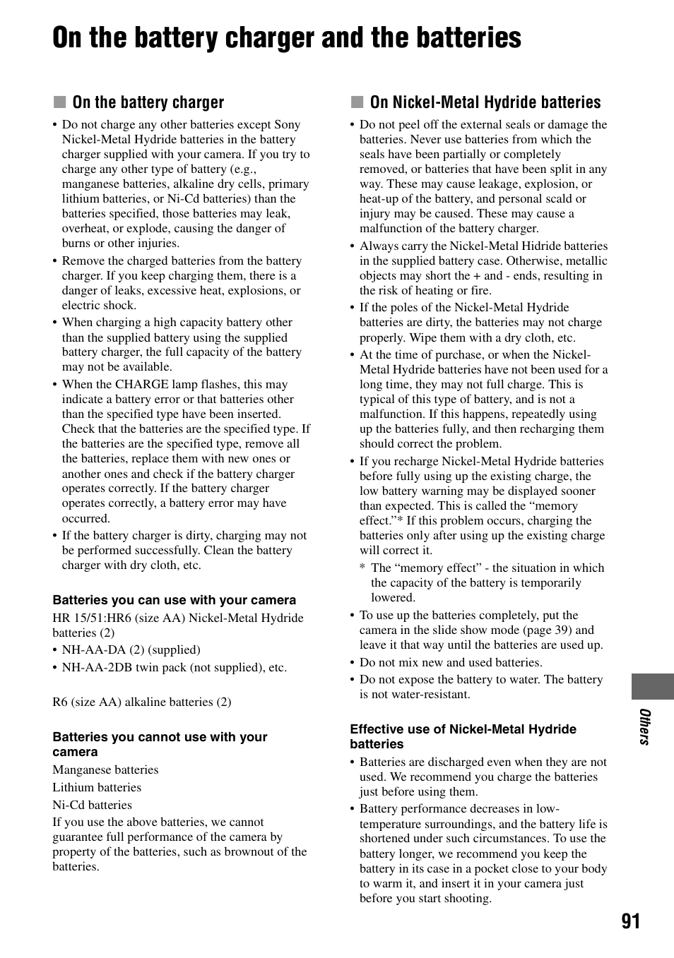 On the battery charger and the batteries, Xon the battery charger, Xon nickel-metal hydride batteries | Sony DSC-W5 User Manual | Page 91 / 99