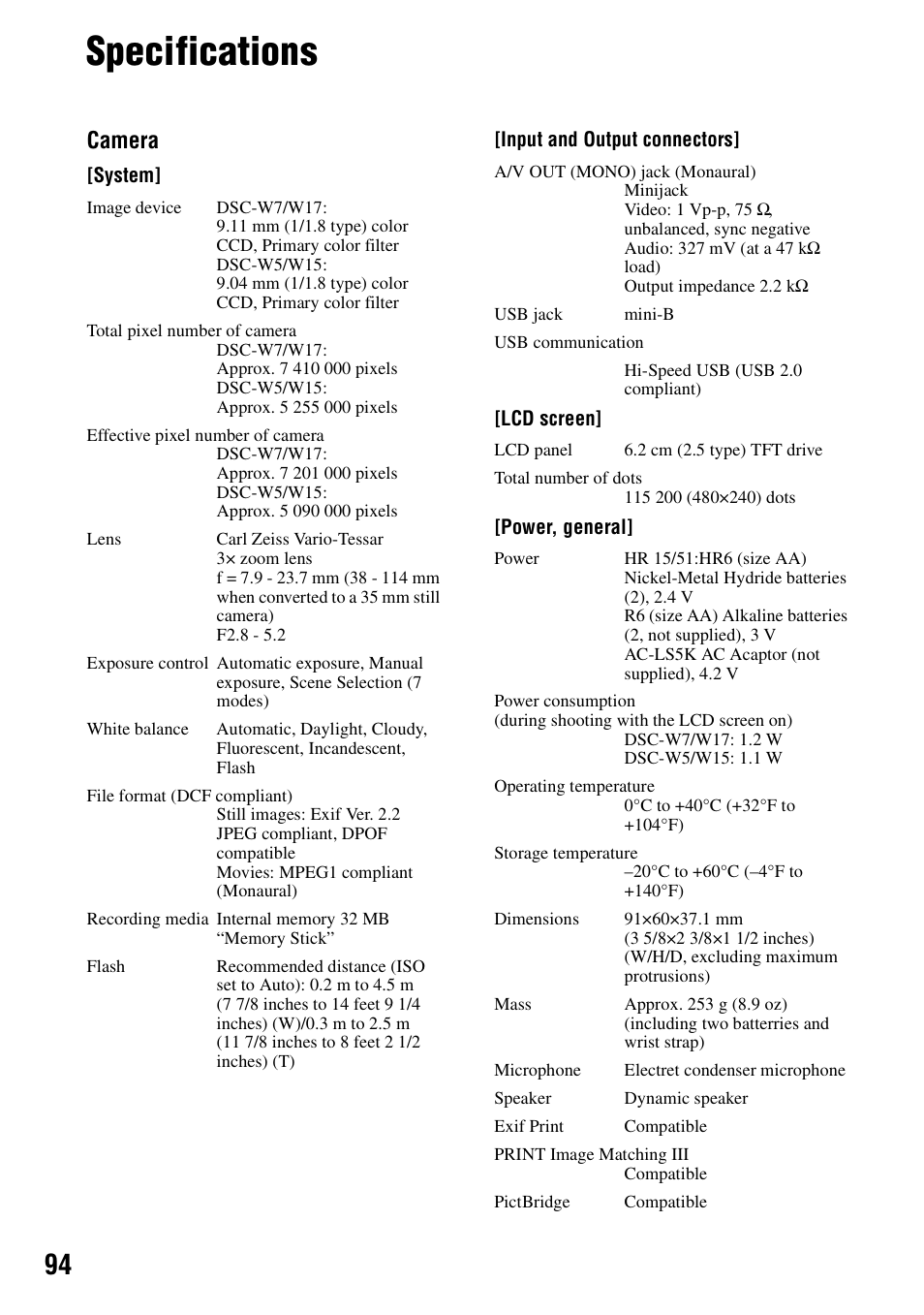 Specifications, Camera | Sony DSC-W5 User Manual | Page 94 / 99