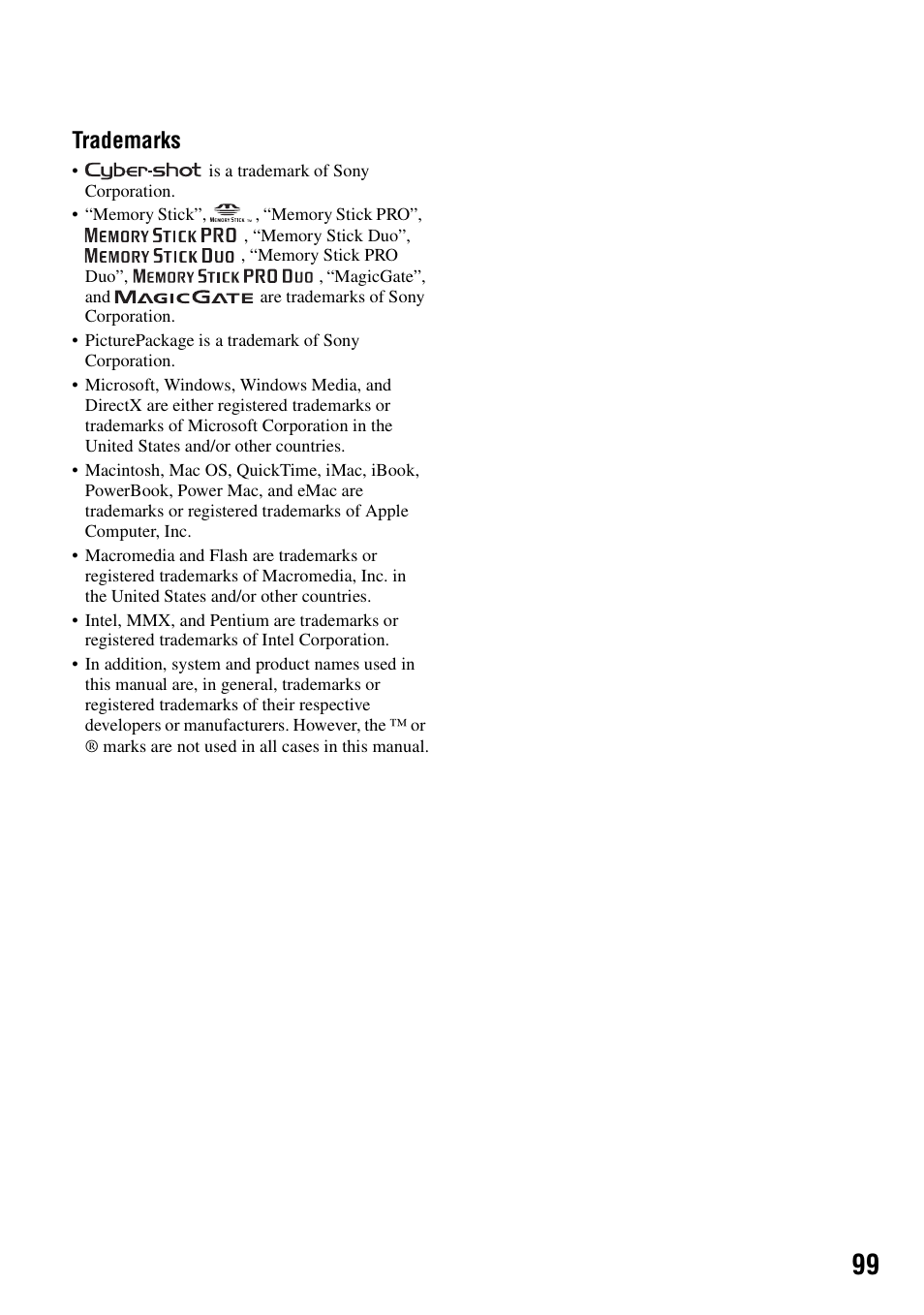 Trademarks | Sony DSC-W5 User Manual | Page 99 / 99