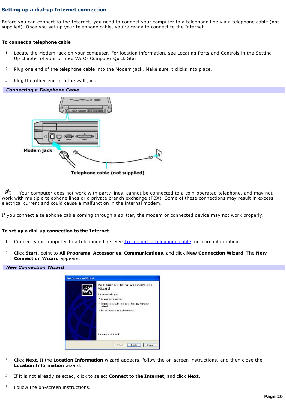 Setting up a dial-up internet connection | Sony PCG-FRV27 User Manual | Page 20 / 124