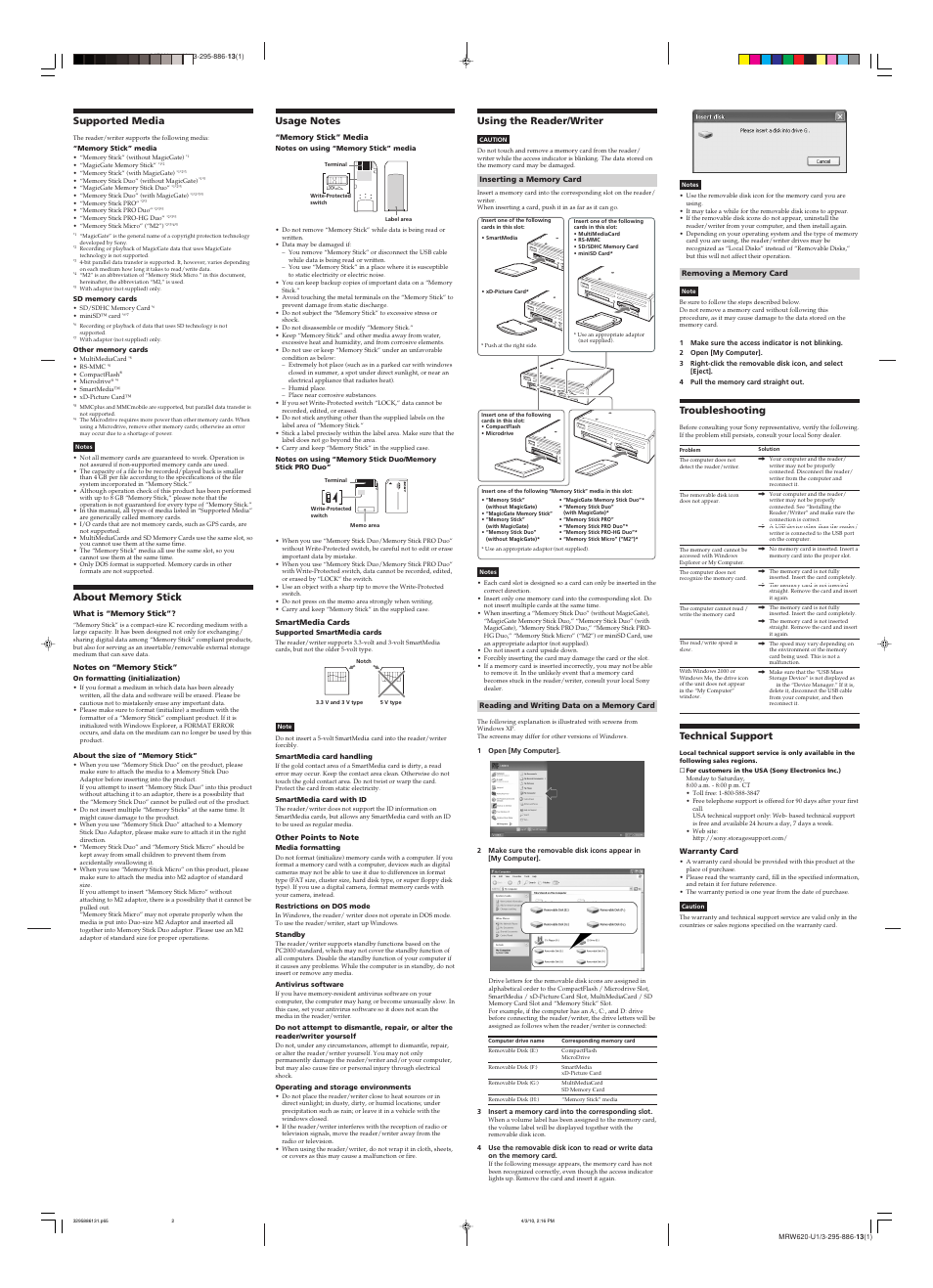 Troubleshooting, Technical support, Supported media | Using the reader/writer | Sony MRW620-U1 User Manual | Page 2 / 2