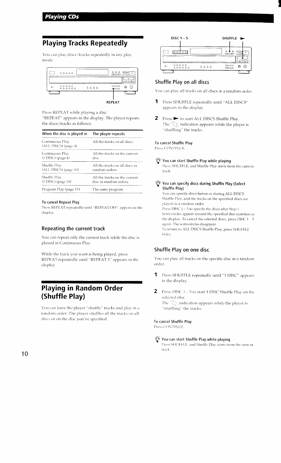 Playing tracks repeatedly, Playing in random order (shuffle play), To cancel shuffle play | D' you can start shuffle play while playing, Q' you can start shuffle play while playing, 10 playing cds, Repeating the current track, Shuffle play on all discs, Shuffle play on one disc | Sony CDP-CA8ES User Manual | Page 10 / 20
